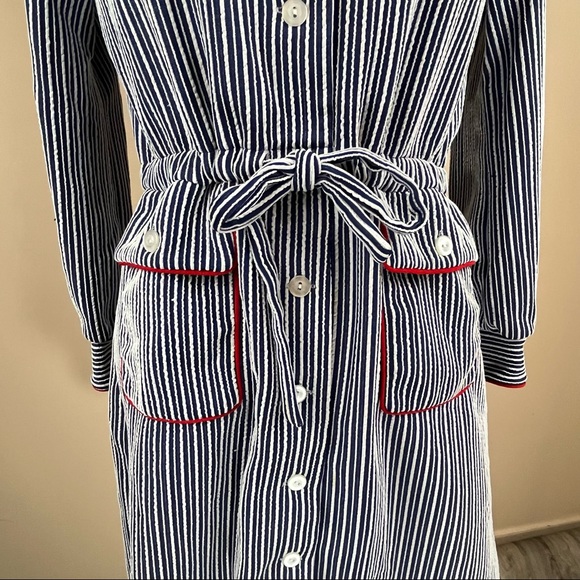 Vintage | Blue White Striped Long Sleeved Dress Red Piping - Picture 3 of 6